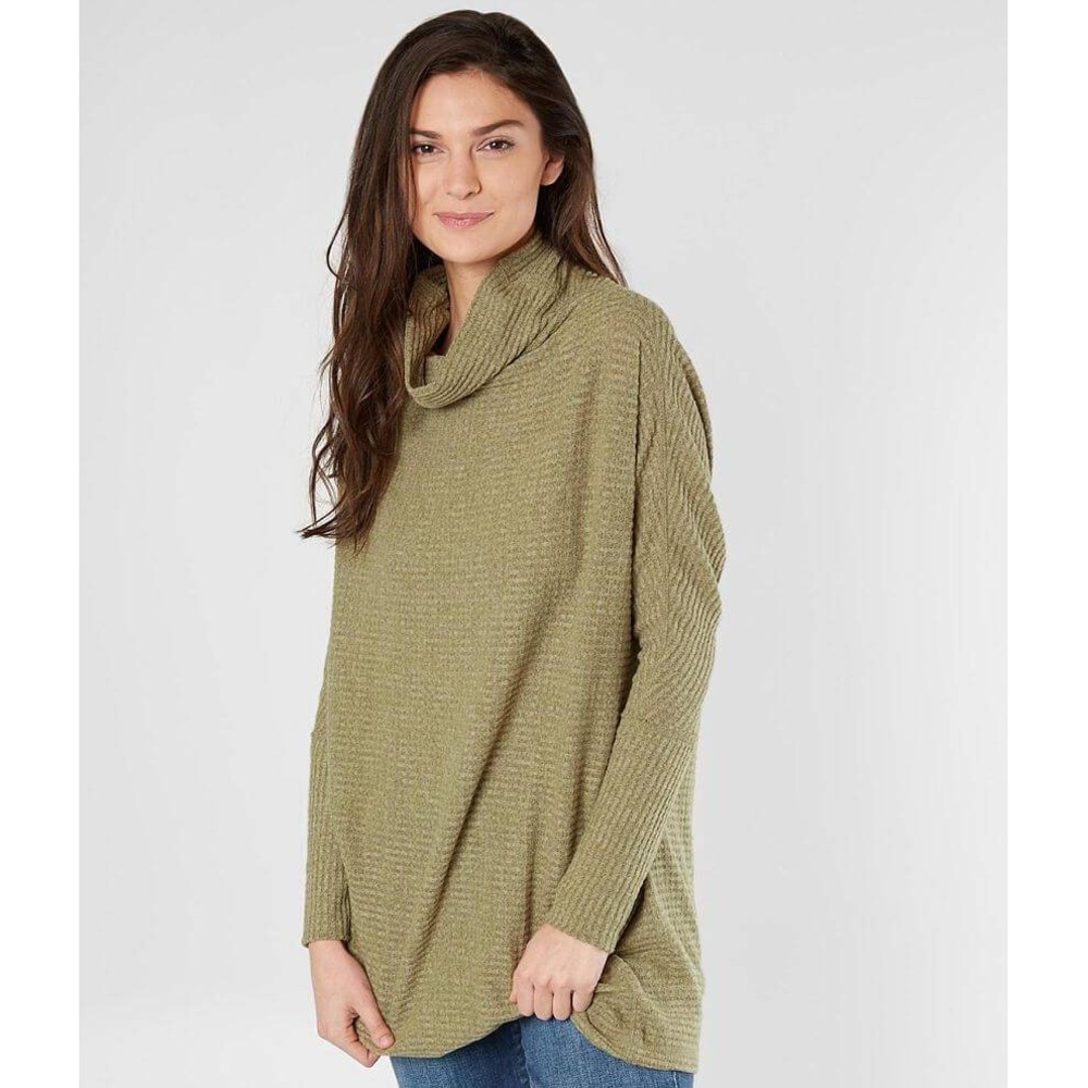 We The Free People Kitty Thermal Olive Green Waffle Knit Cowl Neck Tunic Top M - Picture 2 of 7